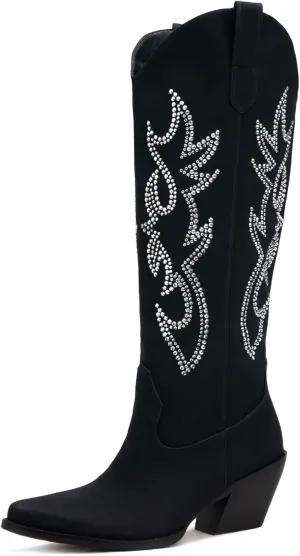 Pasuot Western Cowboy Boots for Women - Knee High Wide Calf Cowgirl Boots with Classic Embroidered, Slip On Pointed Toe Chunky Heel Fashion Retro Classic Pull On Tall Boot for Girls Ladies Fall Winter