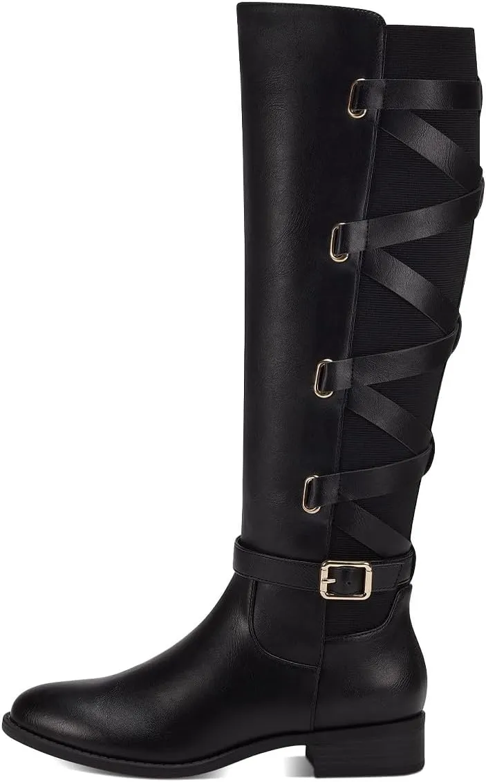 Pazzion Women Rounded Toe Low Thick Heel Knee High Boots Side Zip Crisscross Strappy Buckles Tall Booties Comfy Leisure Outdoor Shoes Size 4-16 US