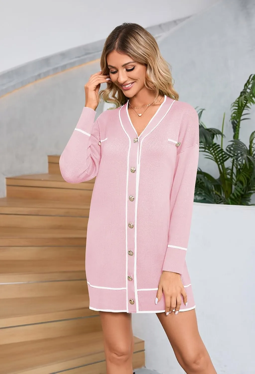 Pink Queen Women's V Neck Long Sleeve Mini Dress Elegant Button Down Open Front Color Block Knit Sweater Cardiagns with Belt