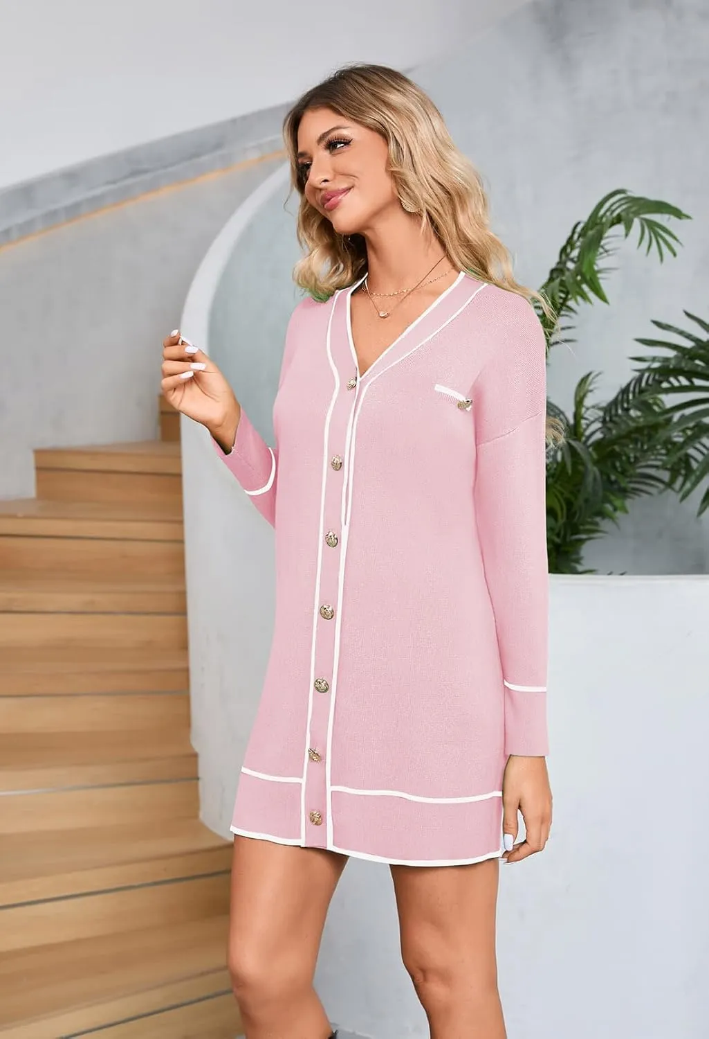 Pink Queen Women's V Neck Long Sleeve Mini Dress Elegant Button Down Open Front Color Block Knit Sweater Cardiagns with Belt