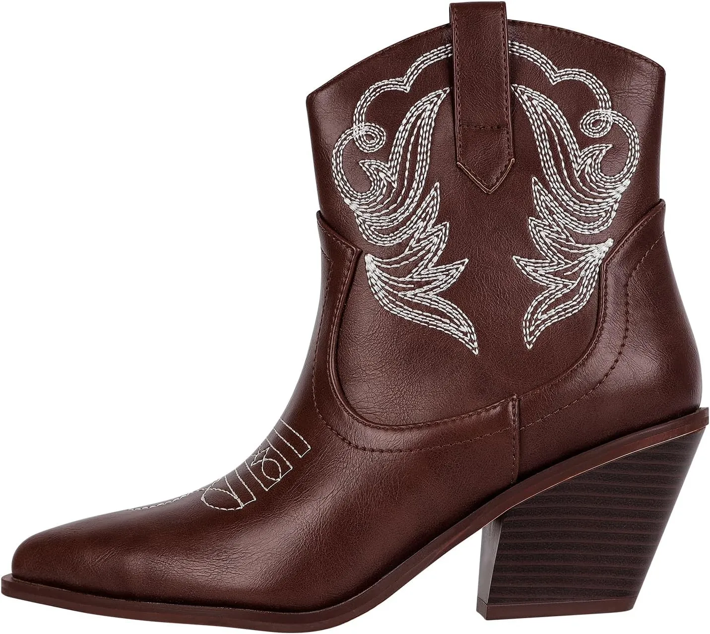 PIZZ ANNU Women's Embroidered Western Cowboy Boots Cowgirl Round Toe Short Ankle Boots Ladies Fashion Retro Classic Booties Chunky Heels