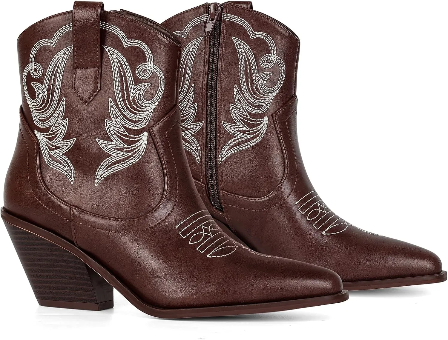 PIZZ ANNU Women's Embroidered Western Cowboy Boots Cowgirl Round Toe Short Ankle Boots Ladies Fashion Retro Classic Booties Chunky Heels
