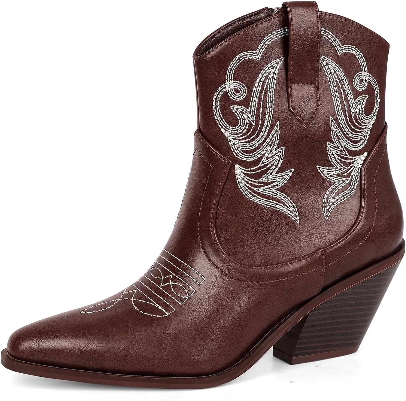 PIZZ ANNU Women's Embroidered Western Cowboy Boots Cowgirl Round Toe Short Ankle Boots Ladies Fashion Retro Classic Booties Chunky Heels