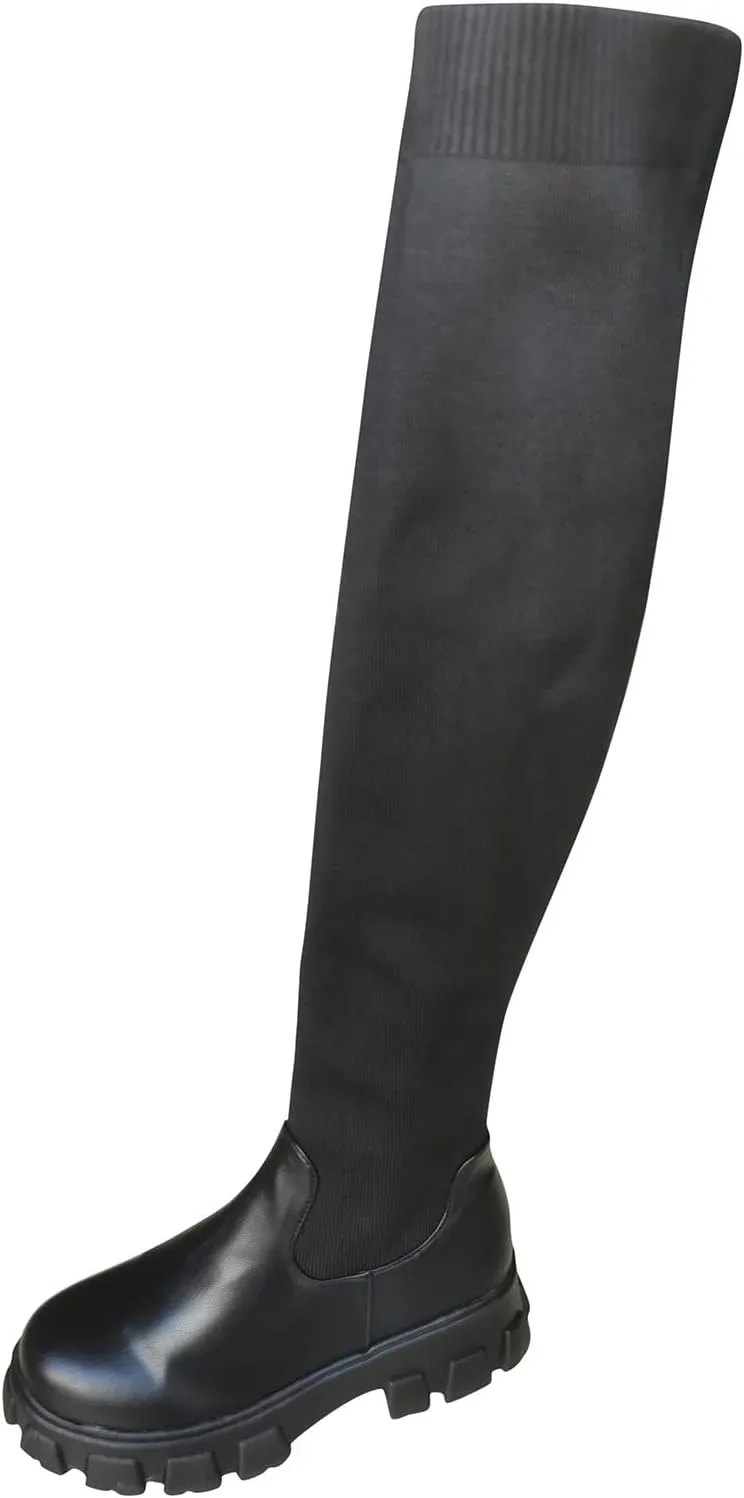 Platform Thigh High Boots Women Wide Calf Knee High Boots Knit Stretch Chunky Heel Over The Knee Boots Casual Round Toe Lug Sole High Boots Fashion Boots for Women Tall Boots (a-Black, 8.5)