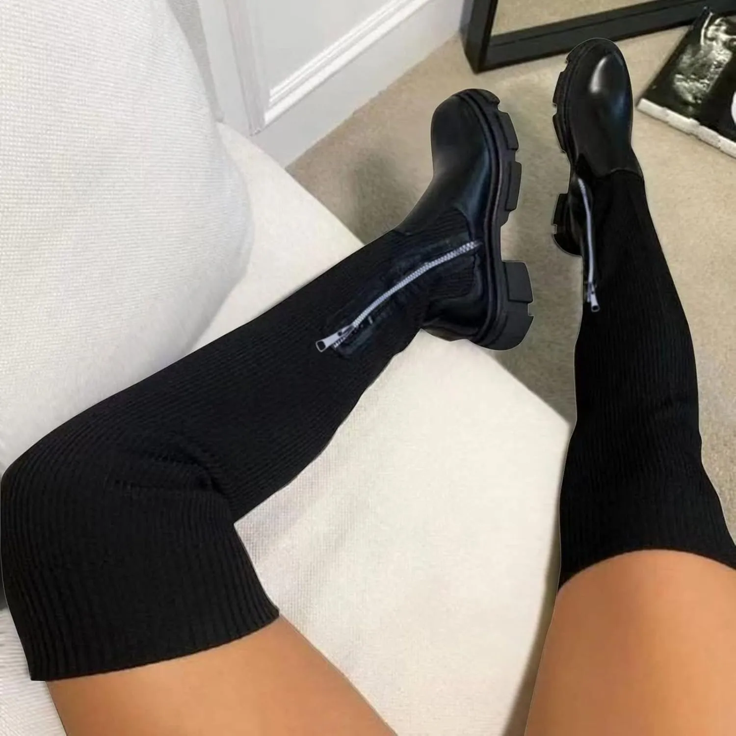 Platform Thigh High Boots Women Wide Calf Knee High Boots Knit Stretch Chunky Heel Over The Knee Boots Casual Round Toe Lug Sole High Boots Fashion Boots for Women Tall Boots (a-Black, 8.5)