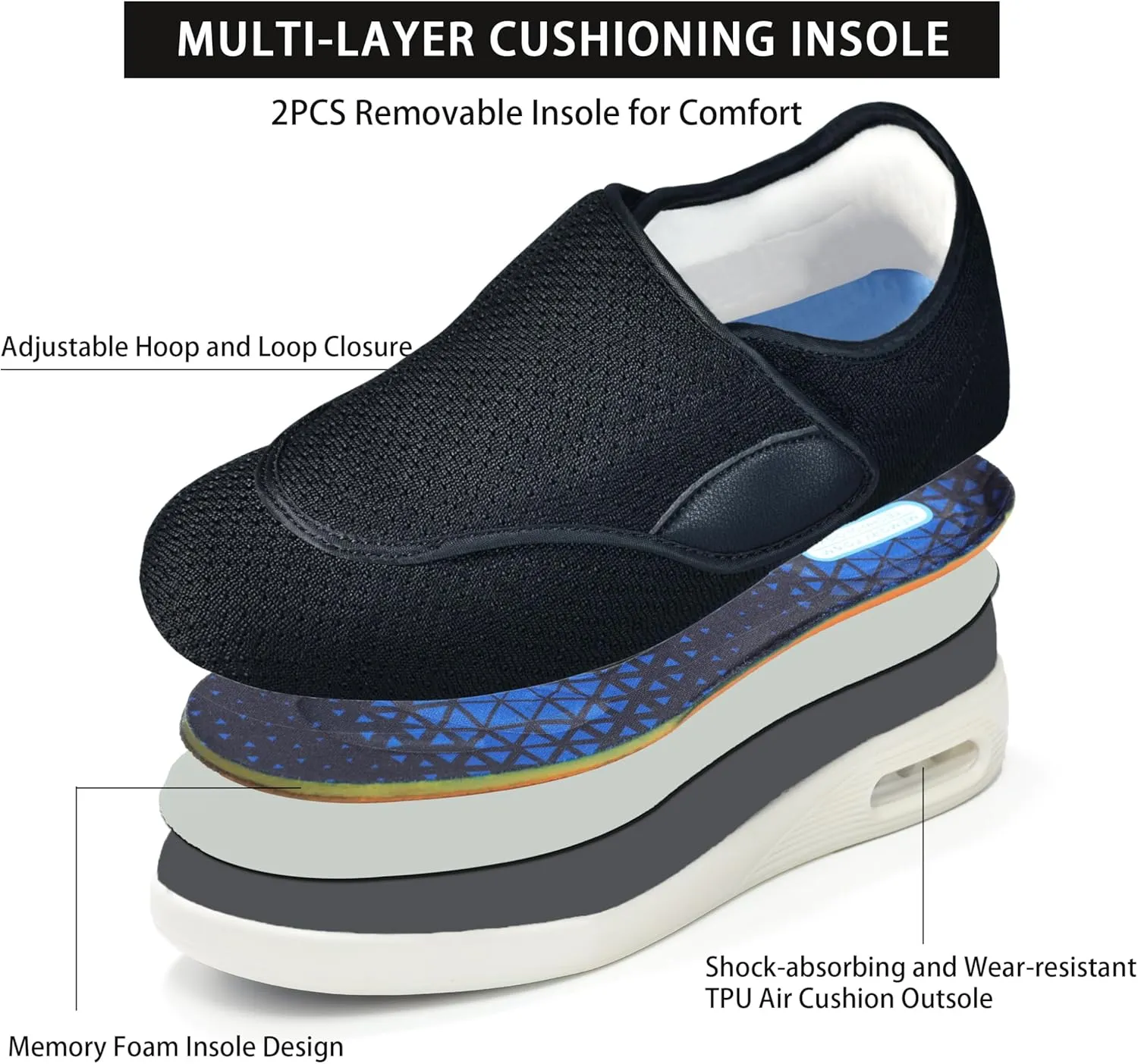 QHBPMGAD Mens Diabetic Sneakers, Wide Width Elderly Shoes for Men, Adjustable Hook and Loop Closure Anti-Slip Breathable, Swollen Feet Walking Edema Shoes