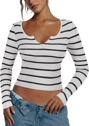 REORIA Long Sleeve for Women Sexy Cutout V Neck Knit Cropped Sweaters Trendy Striped Y2K Going Out T Shirt Fall Outfits