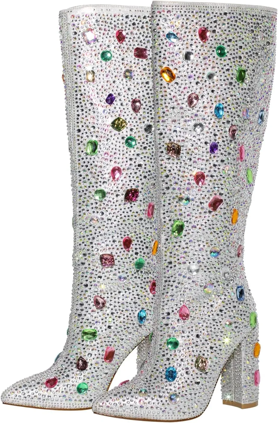 richealnini Sexy Pointed Toe Rhinestones Knee High Boots Pull On Diamond Block Heels
