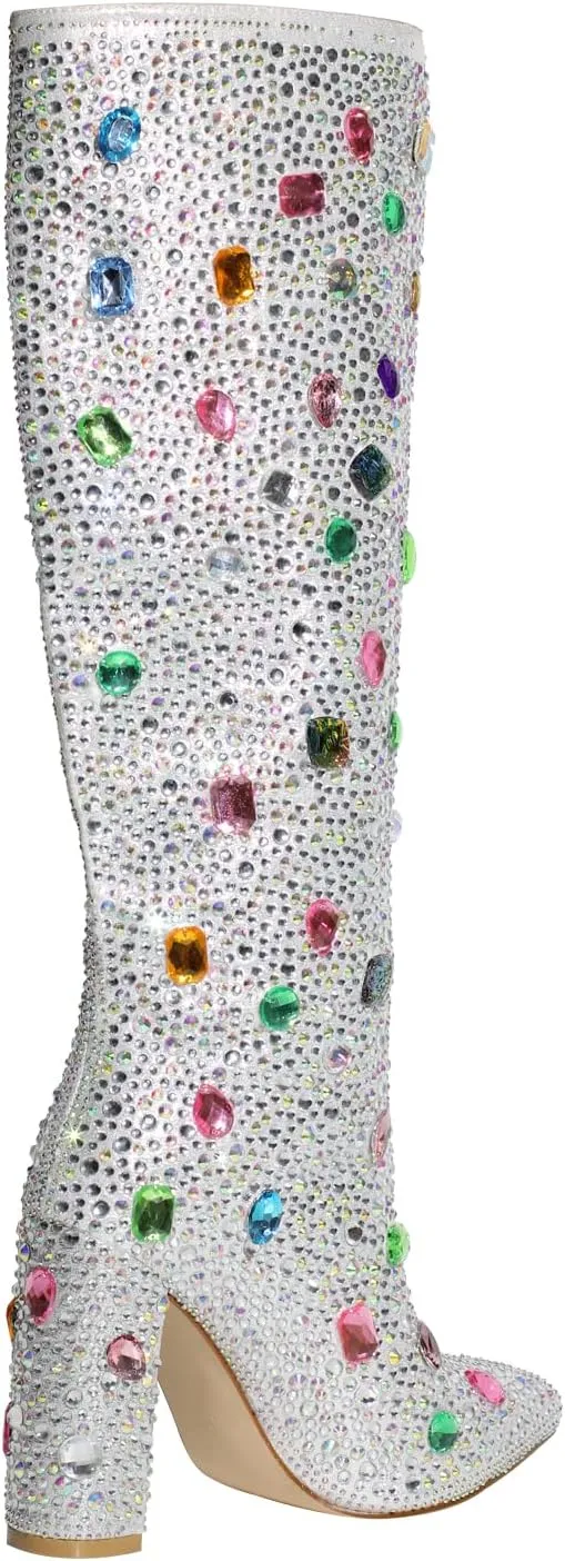 richealnini Sexy Pointed Toe Rhinestones Knee High Boots Pull On Diamond Block Heels