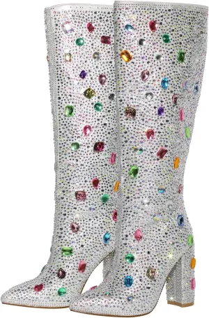 richealnini Sexy Pointed Toe Rhinestones Knee High Boots Pull On Diamond Block Heels