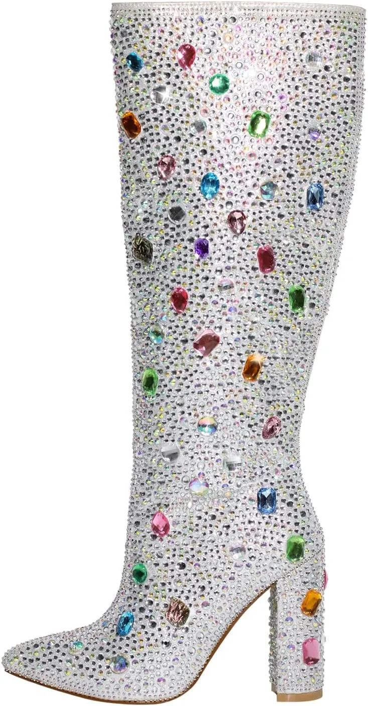 richealnini Sexy Pointed Toe Rhinestones Knee High Boots Pull On Diamond Block Heels