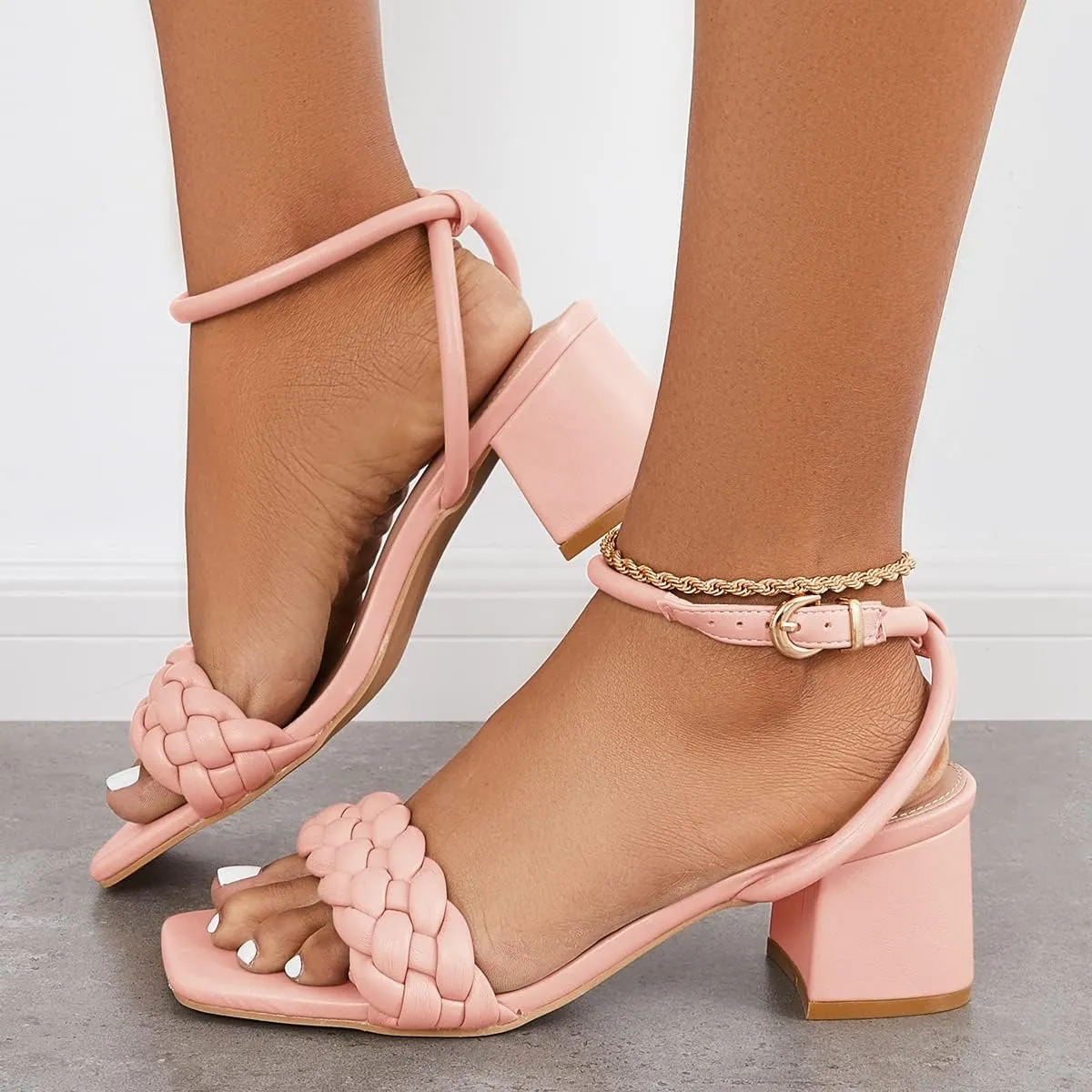 Rilista Women's Heeled Sandals Braided Square Open Toe Ankle Strap Chunky Heels