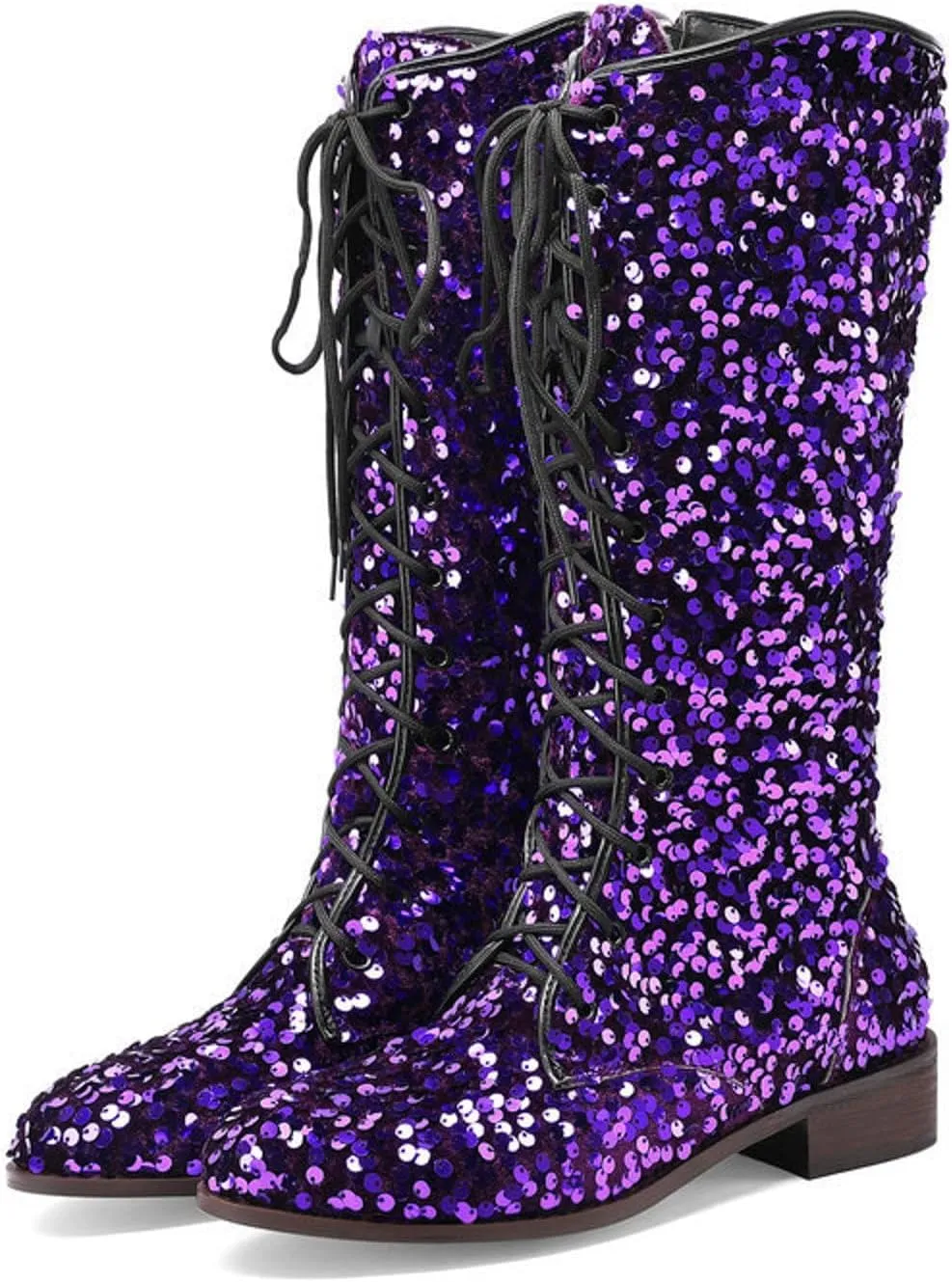 SACFOF Women's Glitter Sequin Mid Calf Boots Round Toe Chunky Block Heel Boots Sparkly Lace Up Cowboy Cowgirl Boots for Women