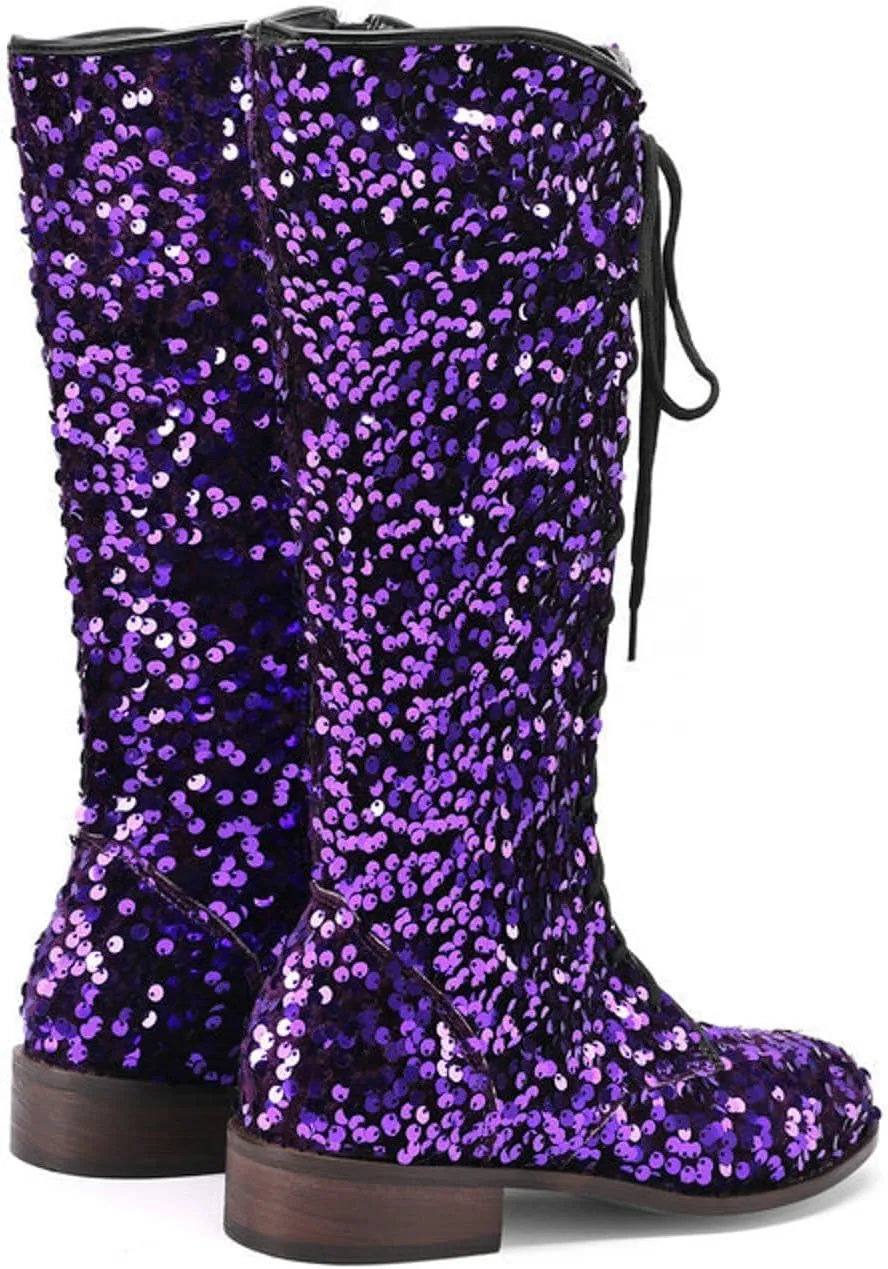 SACFOF Women's Glitter Sequin Mid Calf Boots Round Toe Chunky Block Heel Boots Sparkly Lace Up Cowboy Cowgirl Boots for Women