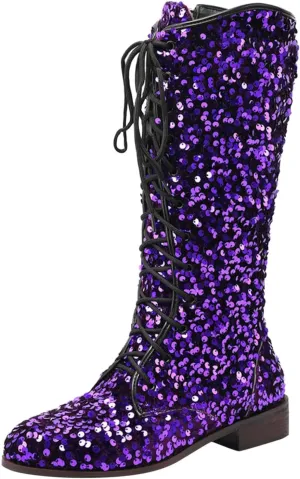 SACFOF Women's Glitter Sequin Mid Calf Boots Round Toe Chunky Block Heel Boots Sparkly Lace Up Cowboy Cowgirl Boots for Women
