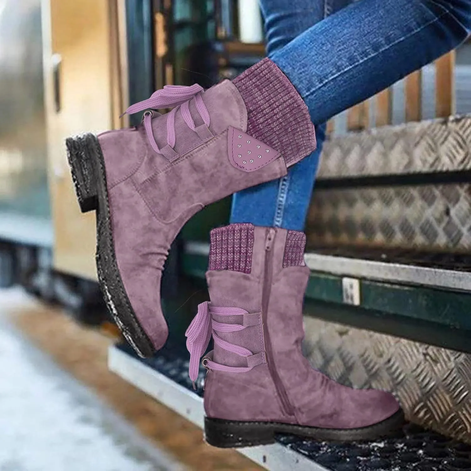 SBGMoSJ Knee High Boots Leather Winter Boots Women Fashionable Leather Fall Boots for Women Mid Calf Womens Boots Soft Leather Mid Calf Wide Calf Wide Calf Cowboy Boots Women Square Toe Tall