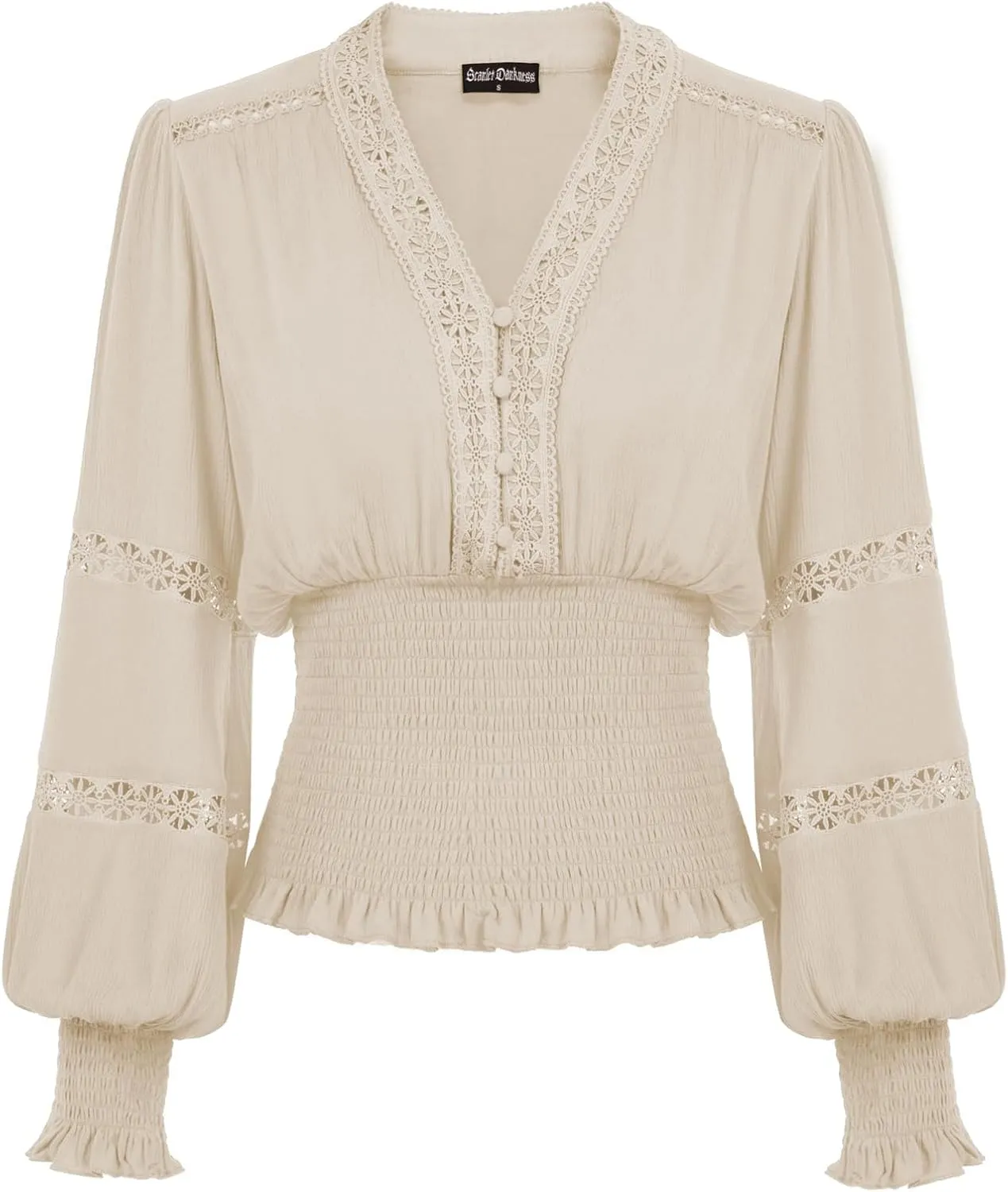 Scarlet Darkness Women's Renaissance Peasant Blouse V Neck Lantern Sleeve Lace Smocked Tops