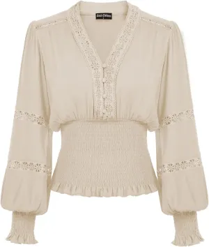 Scarlet Darkness Women's Renaissance Peasant Blouse V Neck Lantern Sleeve Lace Smocked Tops