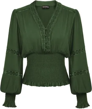 Scarlet Darkness Women's Renaissance Peasant Blouse V Neck Lantern Sleeve Lace Smocked Tops