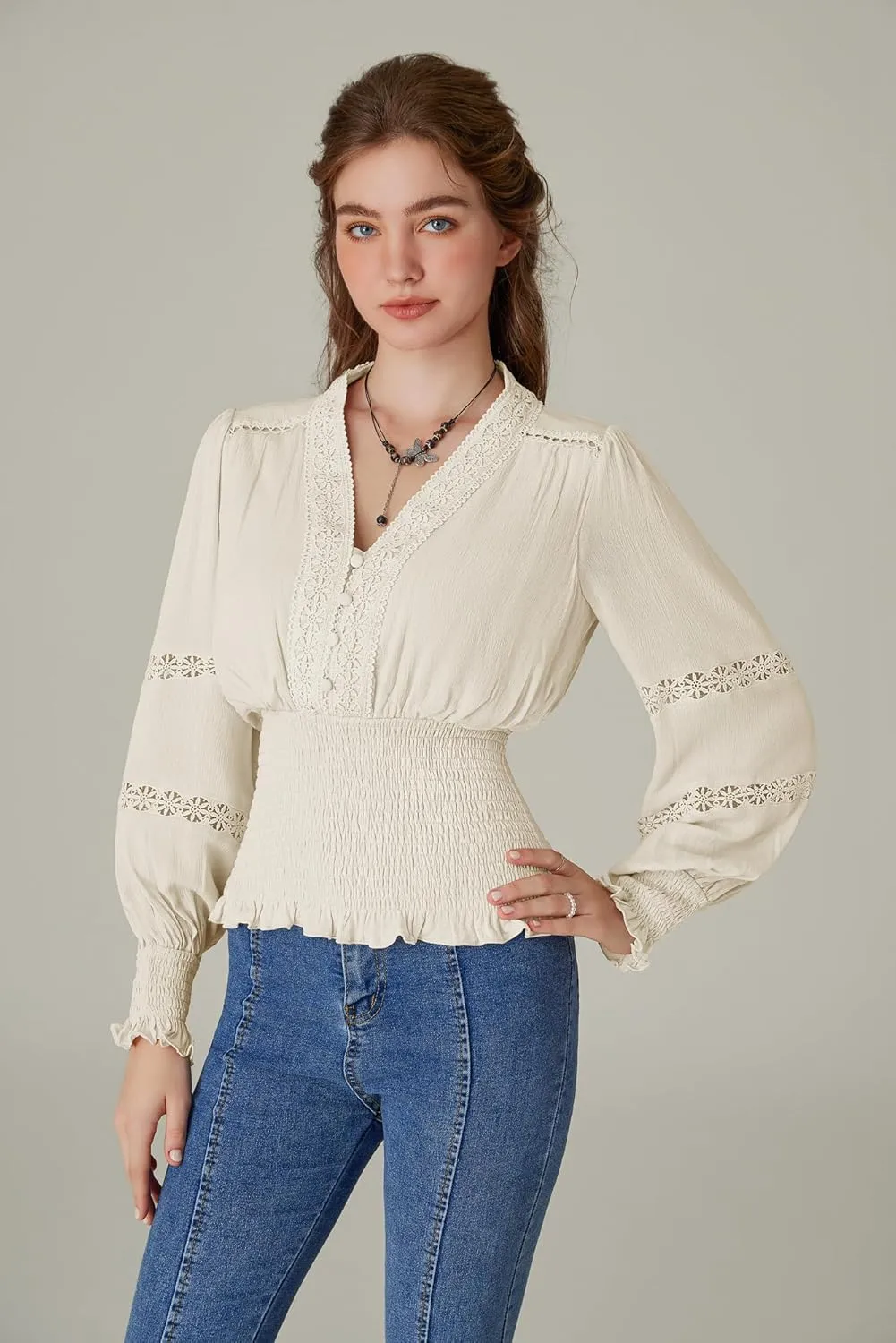 Scarlet Darkness Women's Renaissance Peasant Blouse V Neck Lantern Sleeve Lace Smocked Tops