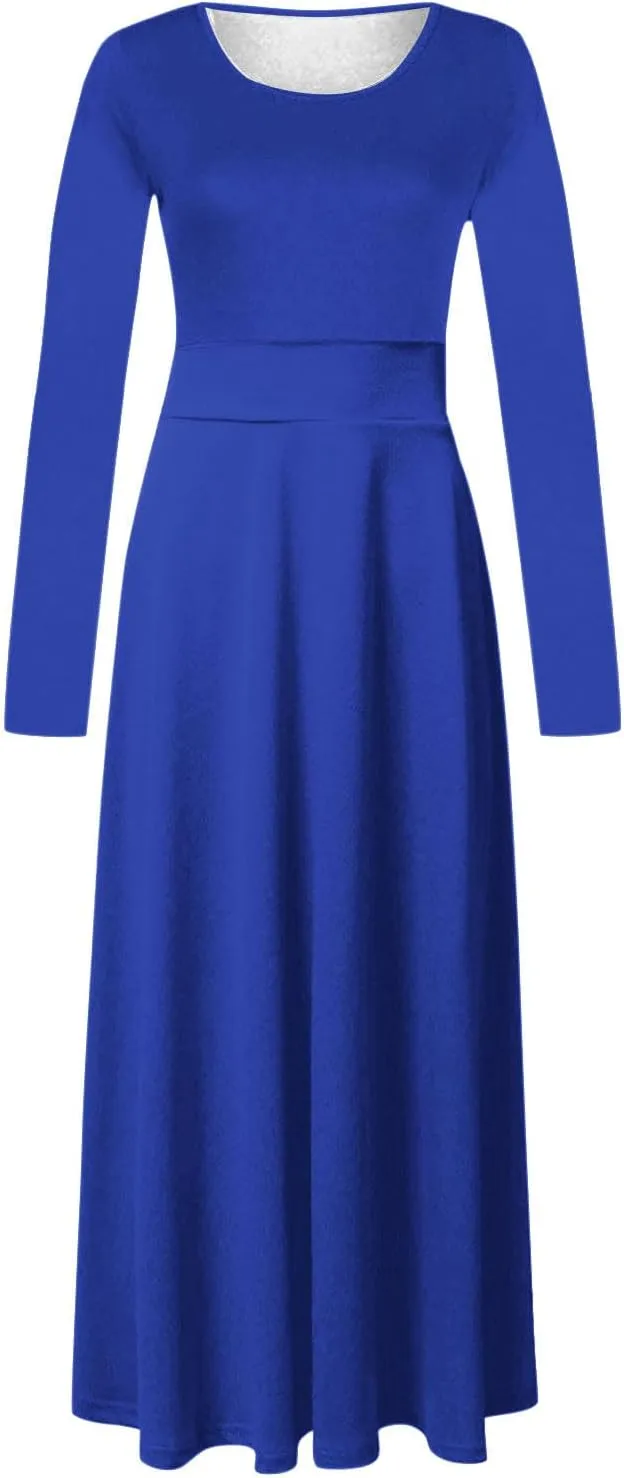 Semi Formal Dresses for Women Knee Length Long Sleeve Causal Empire Waist Maxi Dress Plus Size Crewneck Ruffle Dress