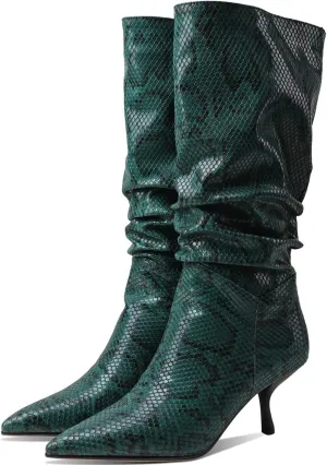 SHODENSE Women Low Kitten Heel Slouch Mid Calf Boots Pointed Closed Toe Wide Calf Western Boots Pull On 2" Thin Heel Tall Crocodile Snakeskin Dress Boots Long Pleated ladies Retro Spring 4-11 M US