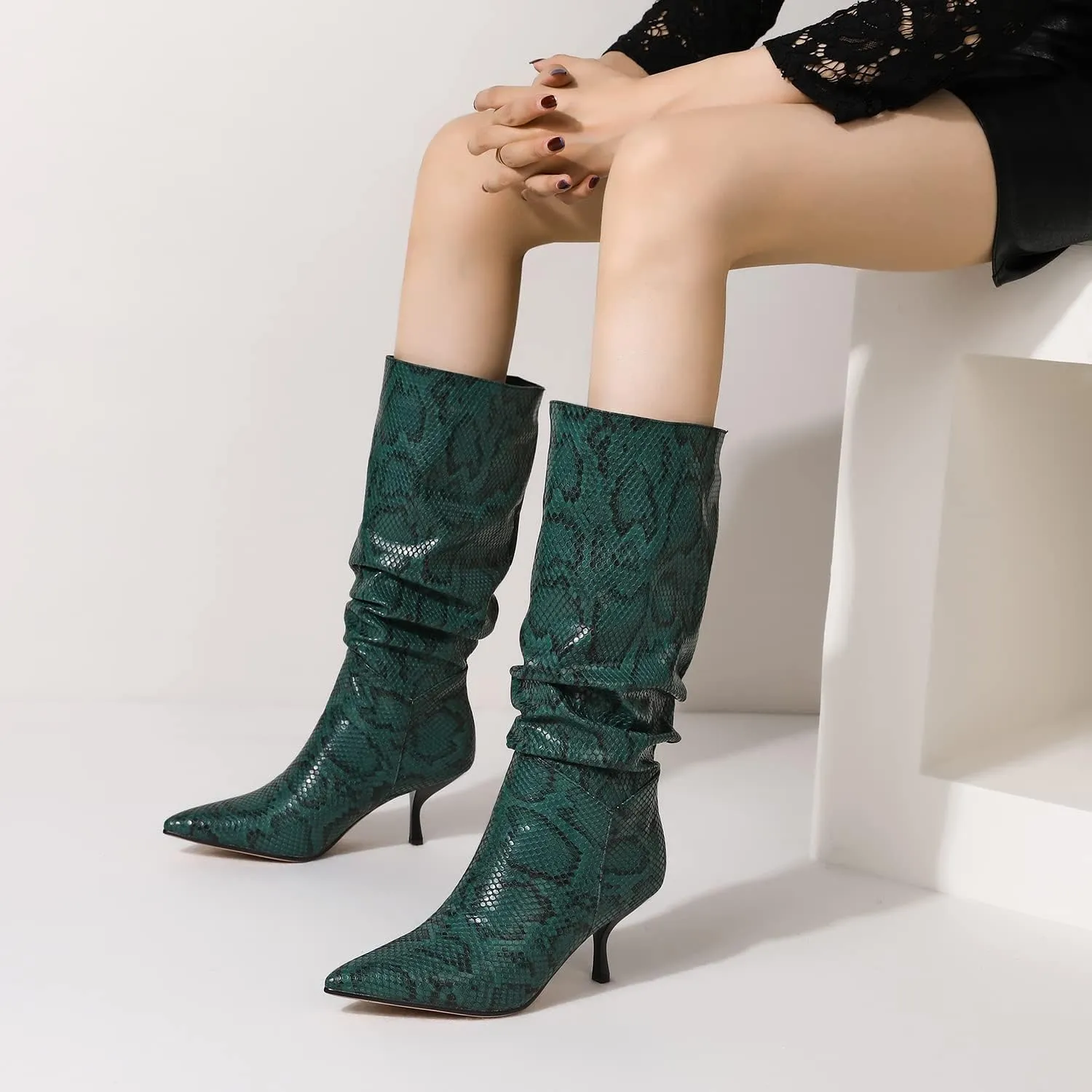 SHODENSE Women Low Kitten Heel Slouch Mid Calf Boots Pointed Closed Toe Wide Calf Western Boots Pull On 2" Thin Heel Tall Crocodile Snakeskin Dress Boots Long Pleated ladies Retro Spring 4-11 M US