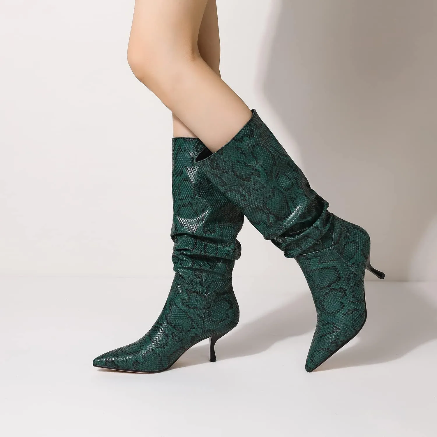 SHODENSE Women Low Kitten Heel Slouch Mid Calf Boots Pointed Closed Toe Wide Calf Western Boots Pull On 2" Thin Heel Tall Crocodile Snakeskin Dress Boots Long Pleated ladies Retro Spring 4-11 M US