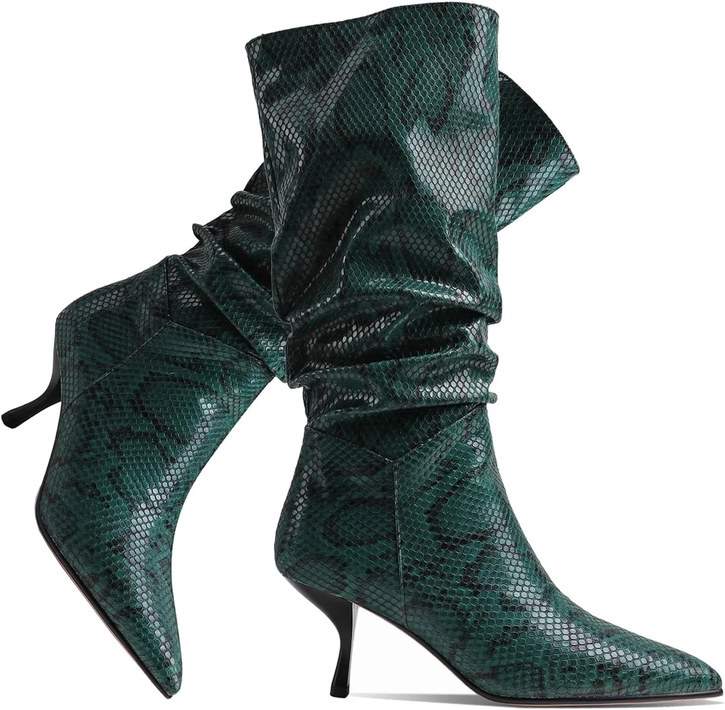 SHODENSE Women Low Kitten Heel Slouch Mid Calf Boots Pointed Closed Toe Wide Calf Western Boots Pull On 2" Thin Heel Tall Crocodile Snakeskin Dress Boots Long Pleated ladies Retro Spring 4-11 M US