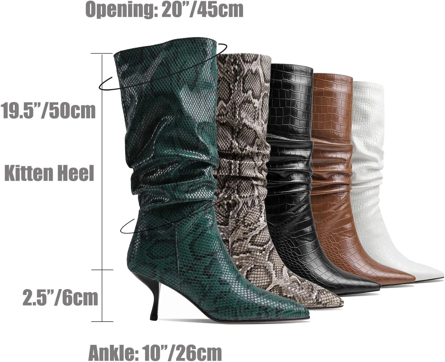 SHODENSE Women Low Kitten Heel Slouch Mid Calf Boots Pointed Closed Toe Wide Calf Western Boots Pull On 2" Thin Heel Tall Crocodile Snakeskin Dress Boots Long Pleated ladies Retro Spring 4-11 M US