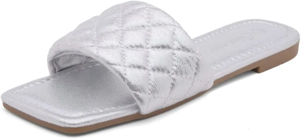 Shoe Land Women’s Flat Sandals – Quilted One-Band Fashion Slides with Square Open Toe & Comfort Footbed | Dressy Casual Slip-On Sandals for Summer, Travel & Daily Wear