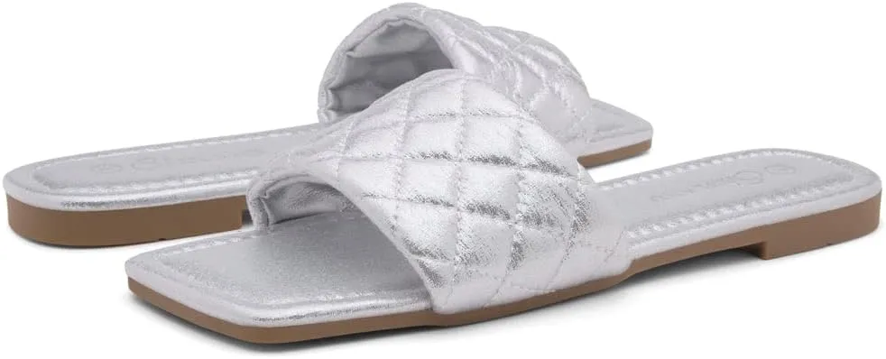 Shoe Land Women’s Flat Sandals – Quilted One-Band Fashion Slides with Square Open Toe & Comfort Footbed | Dressy Casual Slip-On Sandals for Summer, Travel & Daily Wear