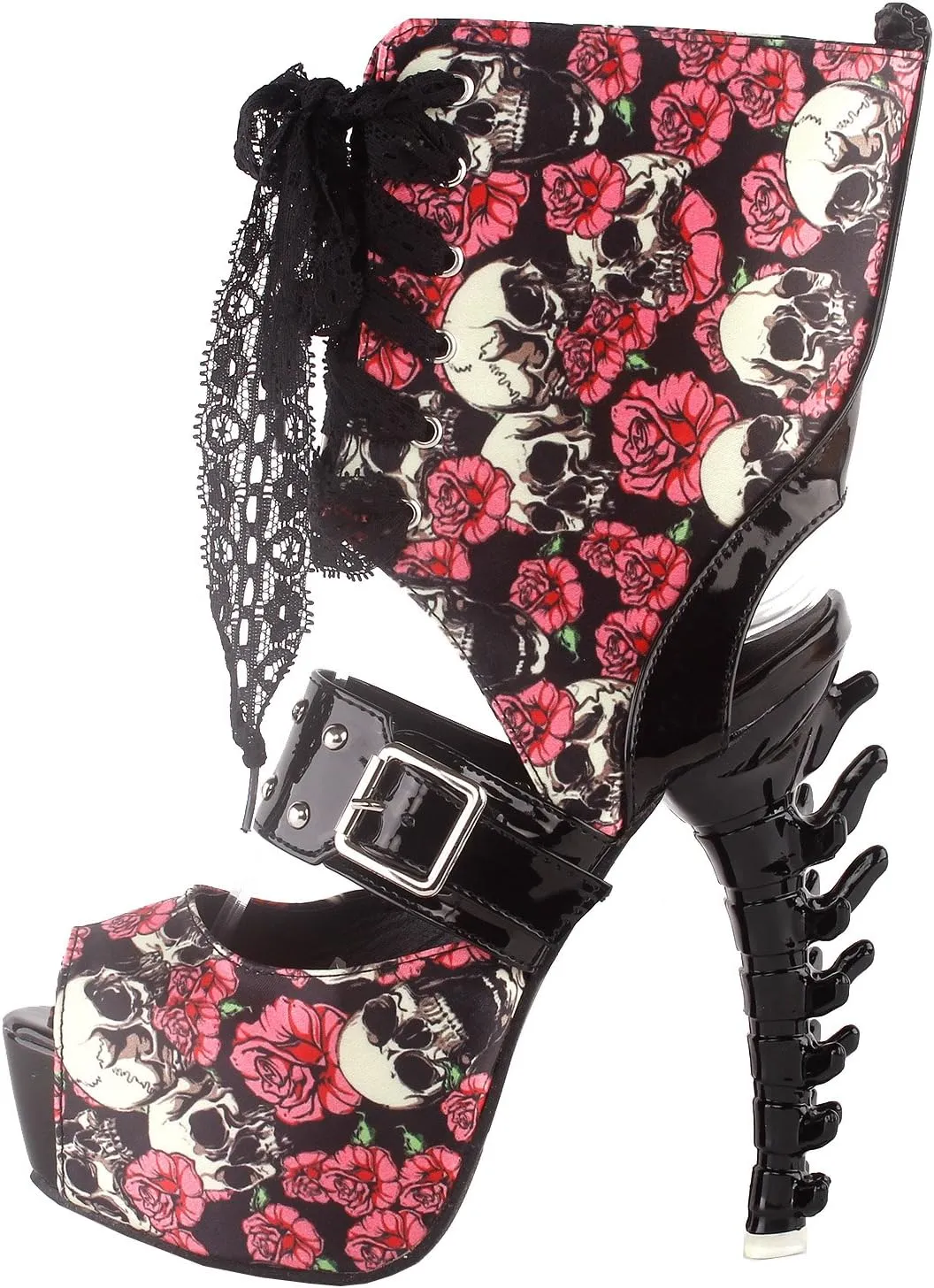 SHOW STORY Punk Skull Rose Print Stud Buckle Lace-UpPlatform Bone Heel Club Ankle Bootie Sandals,LF80663