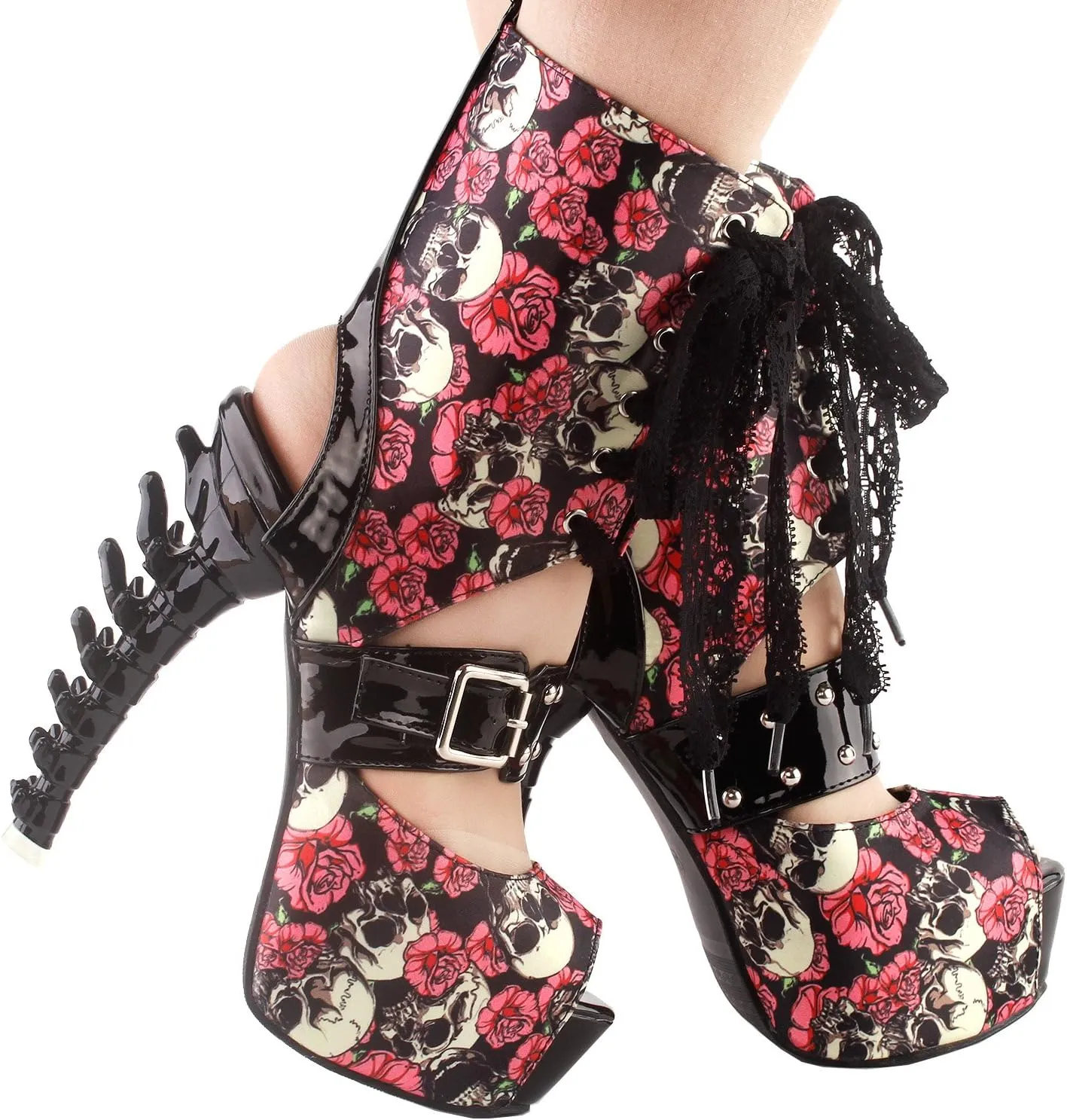 SHOW STORY Punk Skull Rose Print Stud Buckle Lace-UpPlatform Bone Heel Club Ankle Bootie Sandals,LF80663