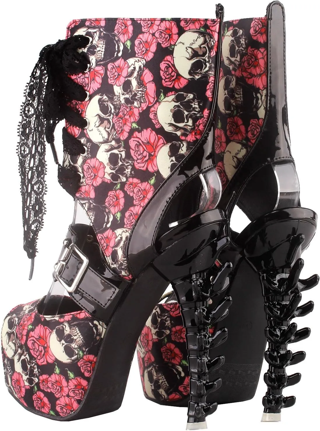 SHOW STORY Punk Skull Rose Print Stud Buckle Lace-UpPlatform Bone Heel Club Ankle Bootie Sandals,LF80663