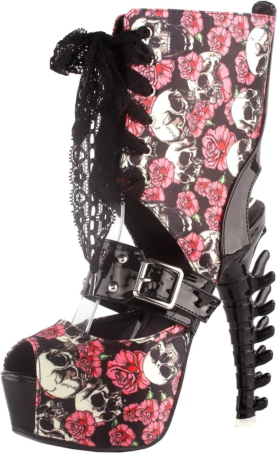 SHOW STORY Punk Skull Rose Print Stud Buckle Lace-UpPlatform Bone Heel Club Ankle Bootie Sandals,LF80663