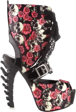 SHOW STORY Punk Skull Rose Print Stud Buckle Lace-UpPlatform Bone Heel Club Ankle Bootie Sandals,LF80663