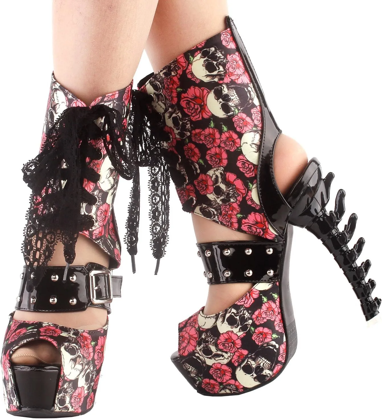 SHOW STORY Punk Skull Rose Print Stud Buckle Lace-UpPlatform Bone Heel Club Ankle Bootie Sandals,LF80663