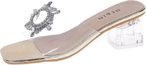 Silver Rhinestone Square Toe Slides High Heel Open Toe Sandals