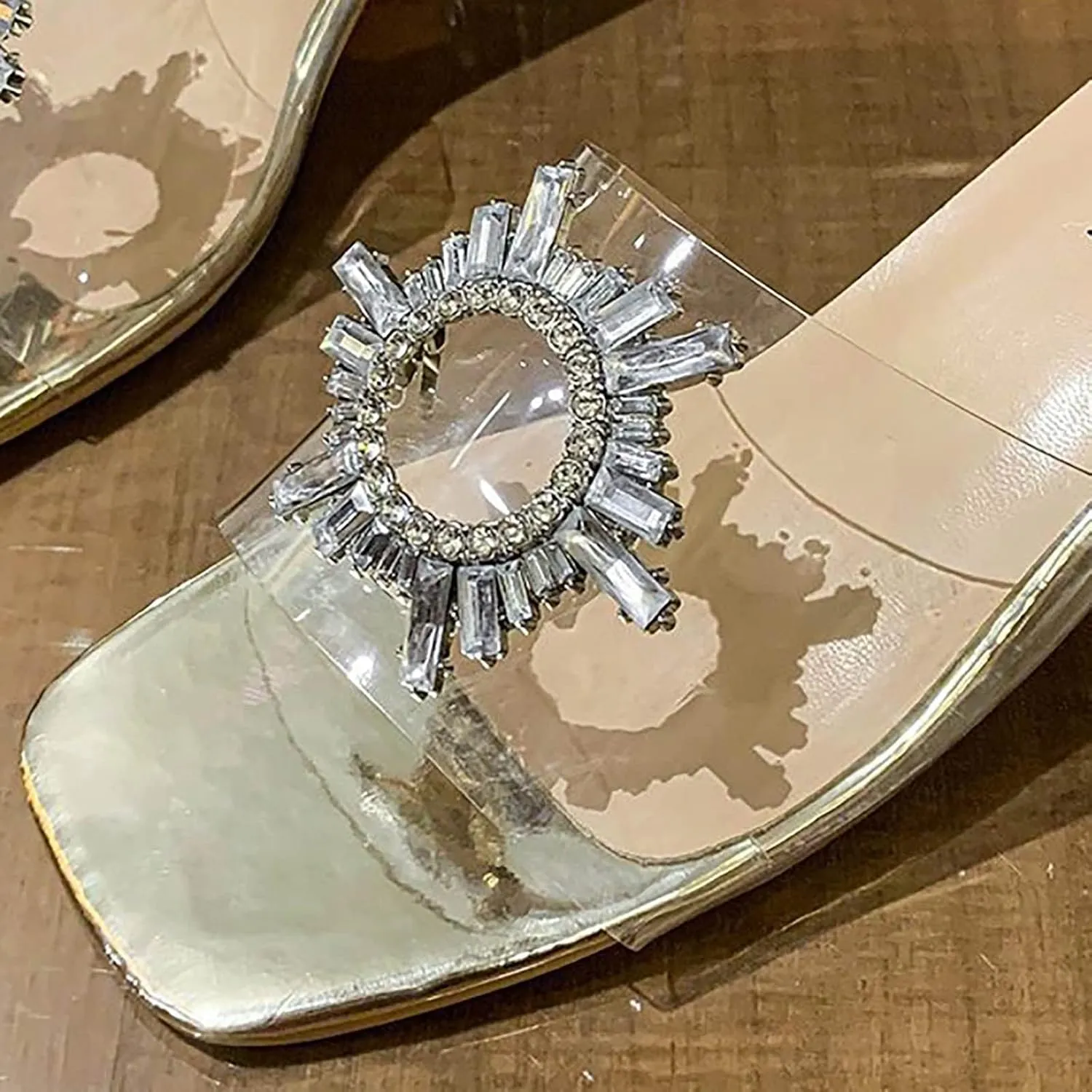 Silver Rhinestone Square Toe Slides High Heel Open Toe Sandals