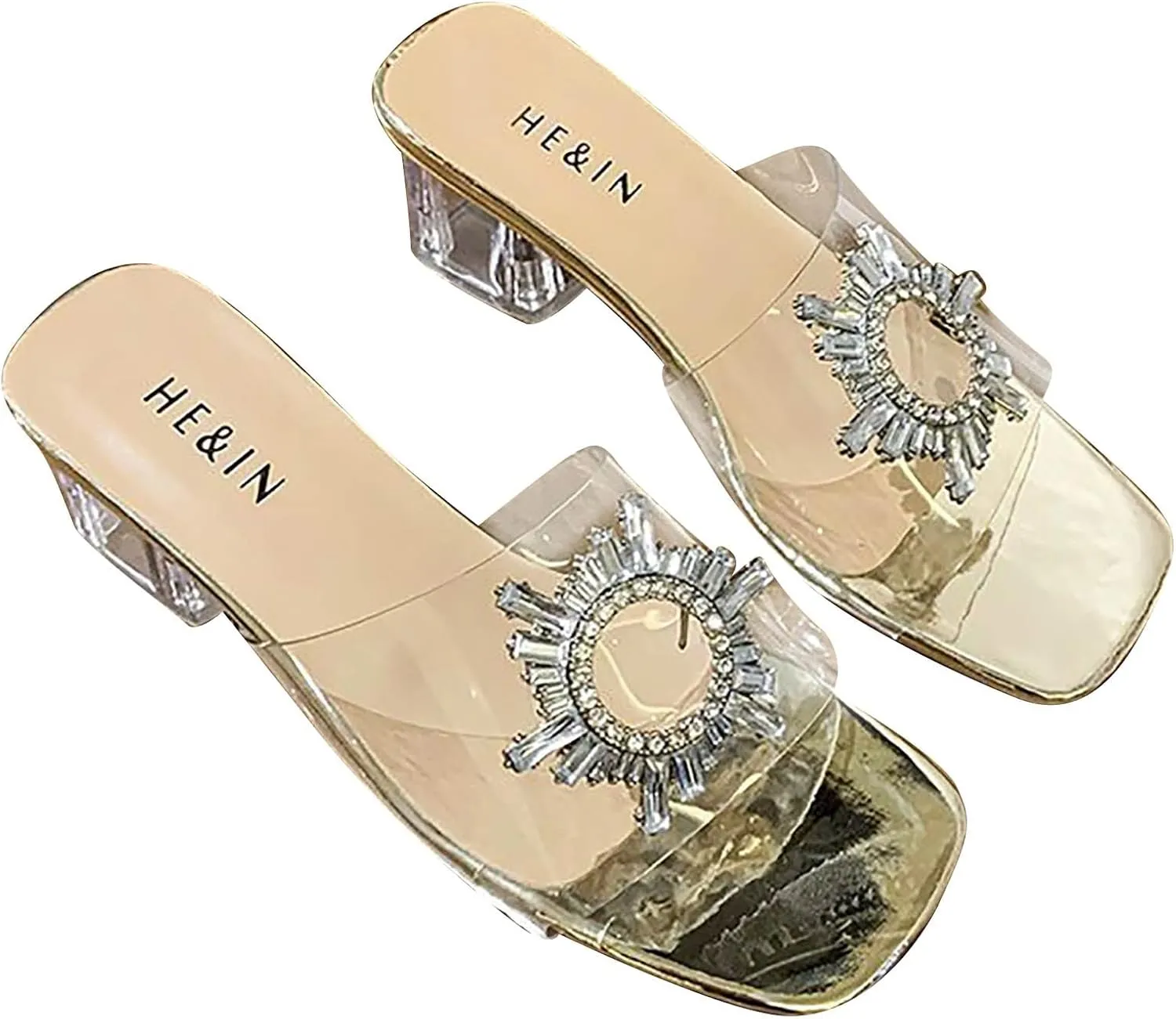 Silver Rhinestone Square Toe Slides High Heel Open Toe Sandals