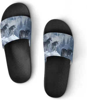 Snow Mountain Wolf Home Slippers Non-Slip Open Toe PVC Shower Slippers Sandals for Men Women