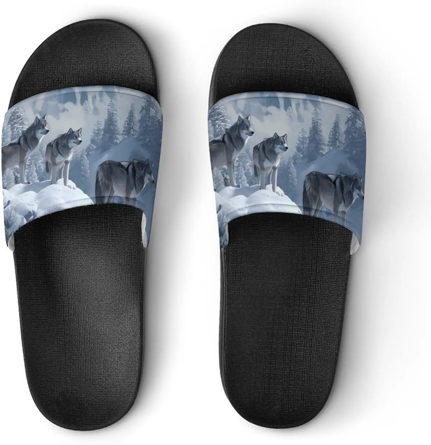 Snow Mountain Wolf Home Slippers Non-Slip Open Toe PVC Shower Slippers Sandals for Men Women