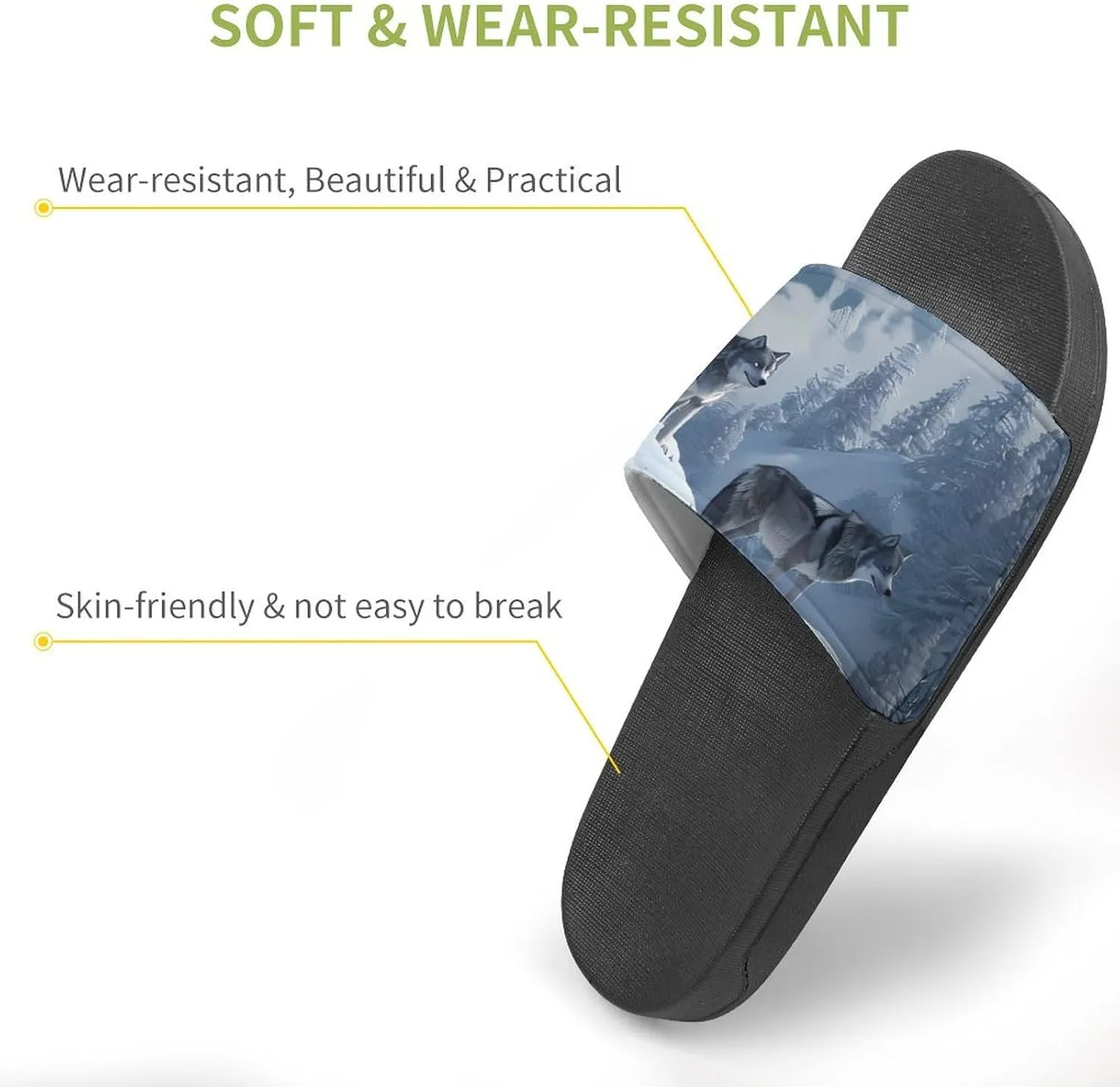Snow Mountain Wolf Home Slippers Non-Slip Open Toe PVC Shower Slippers Sandals for Men Women