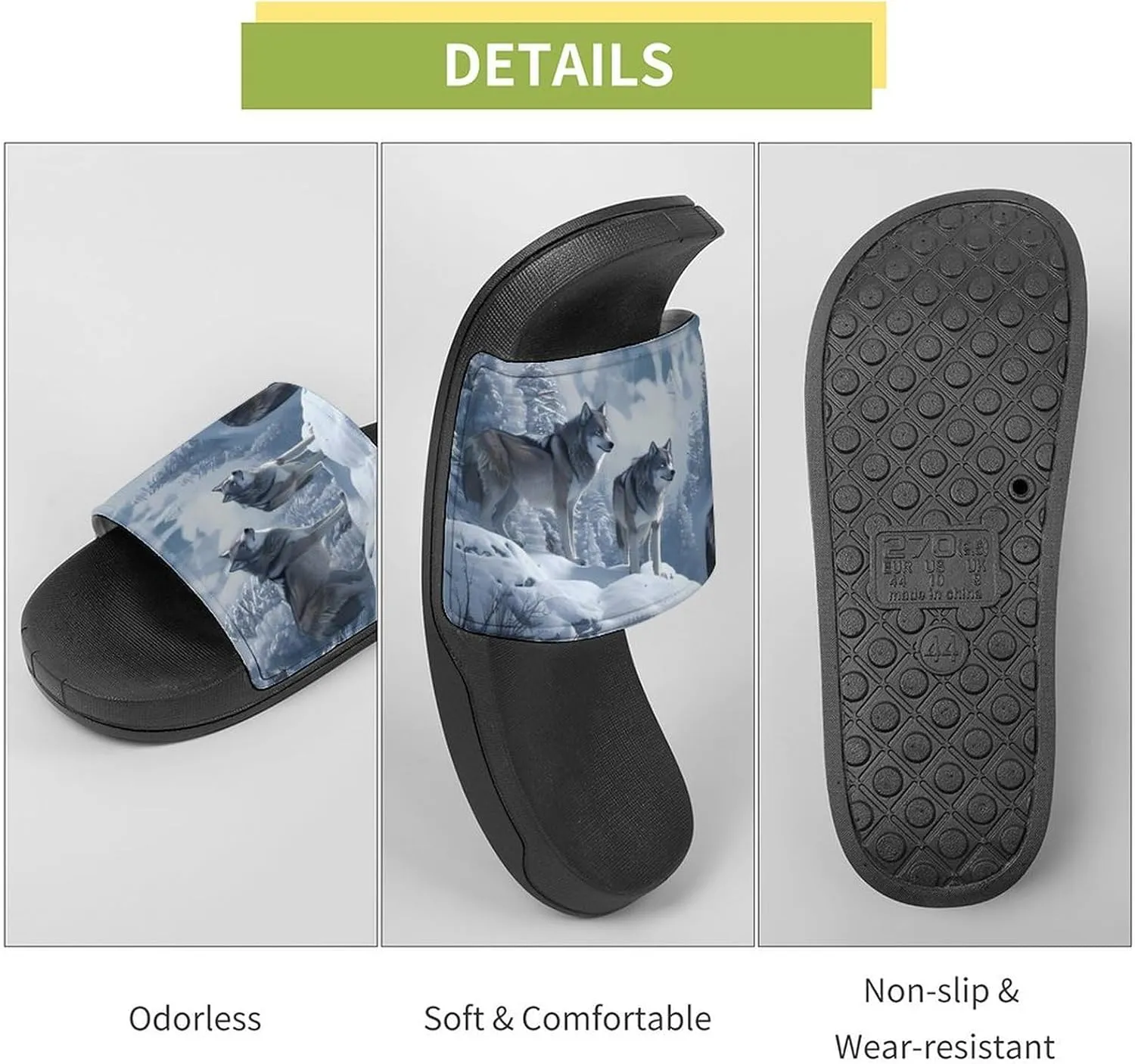 Snow Mountain Wolf Home Slippers Non-Slip Open Toe PVC Shower Slippers Sandals for Men Women