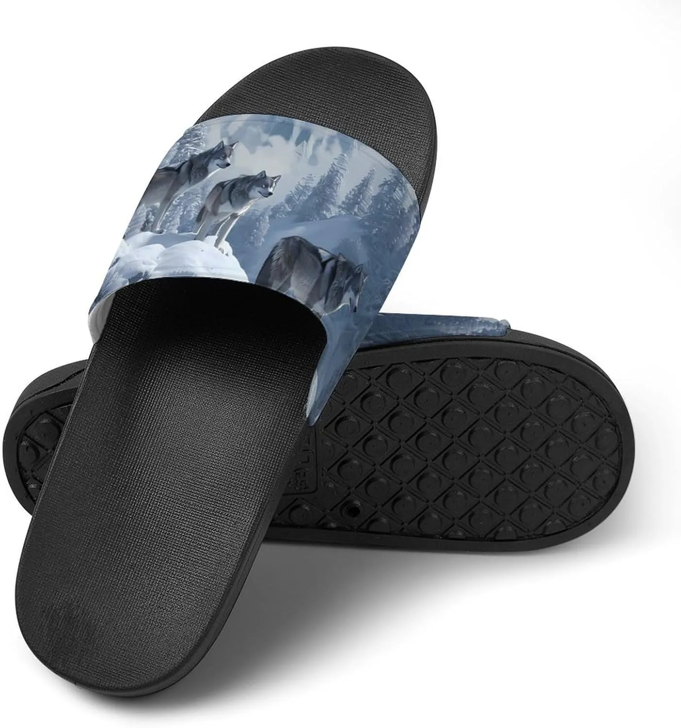 Snow Mountain Wolf Home Slippers Non-Slip Open Toe PVC Shower Slippers Sandals for Men Women