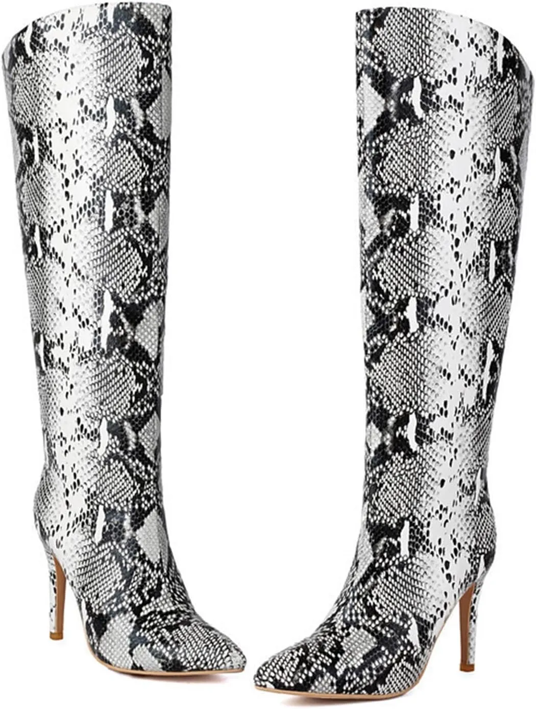 Straight Knee High Boots, Women Long Boots Pointed Toe Stiletto Pull on Snake Print Long Boots for Women PU Leather Large Size Straight Fashion Boots Heel Height 10cm