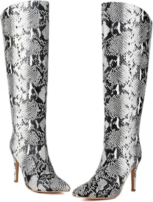 Straight Knee High Boots, Women Long Boots Pointed Toe Stiletto Pull on Snake Print Long Boots for Women PU Leather Large Size Straight Fashion Boots Heel Height 10cm