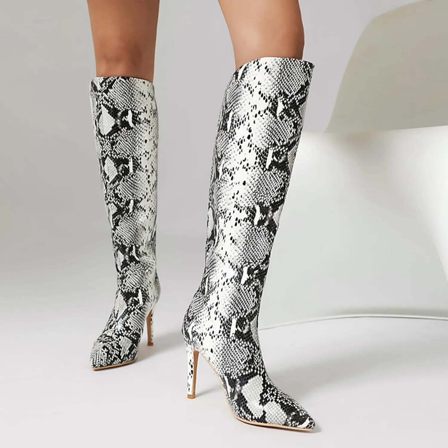 Straight Knee High Boots, Women Long Boots Pointed Toe Stiletto Pull on Snake Print Long Boots for Women PU Leather Large Size Straight Fashion Boots Heel Height 10cm