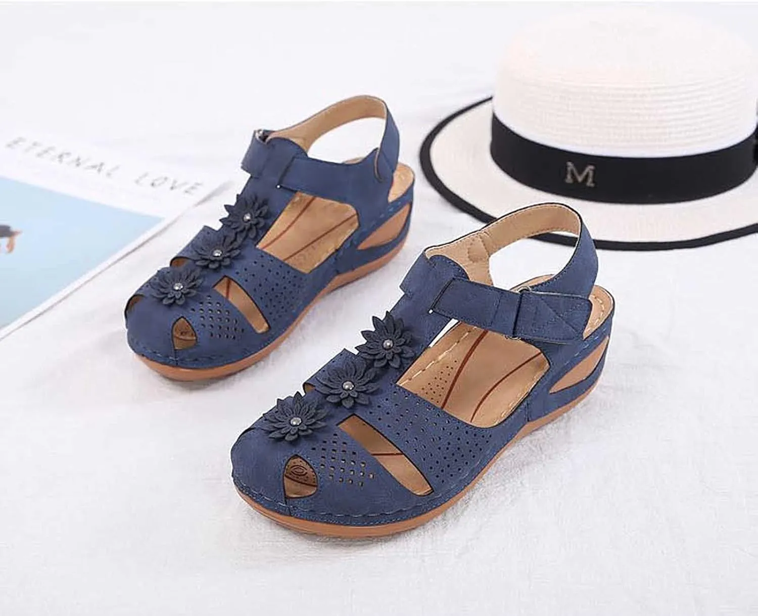 Summer Hollow Sandals for Women Fashion Flower Round Toe Strap Buckle Soft Sole Shoes Ladies Girl Comfortable Wedge Sandals